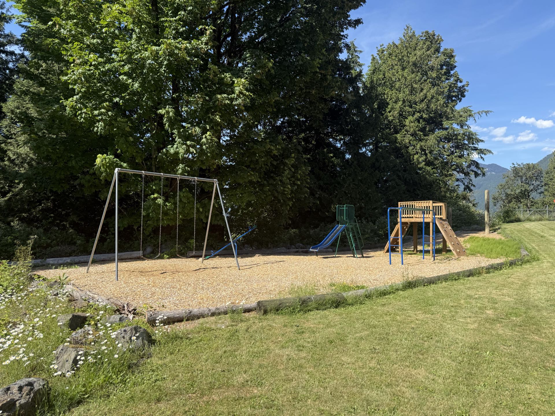 The playground with swings, slide and a new wooden tree-house structure