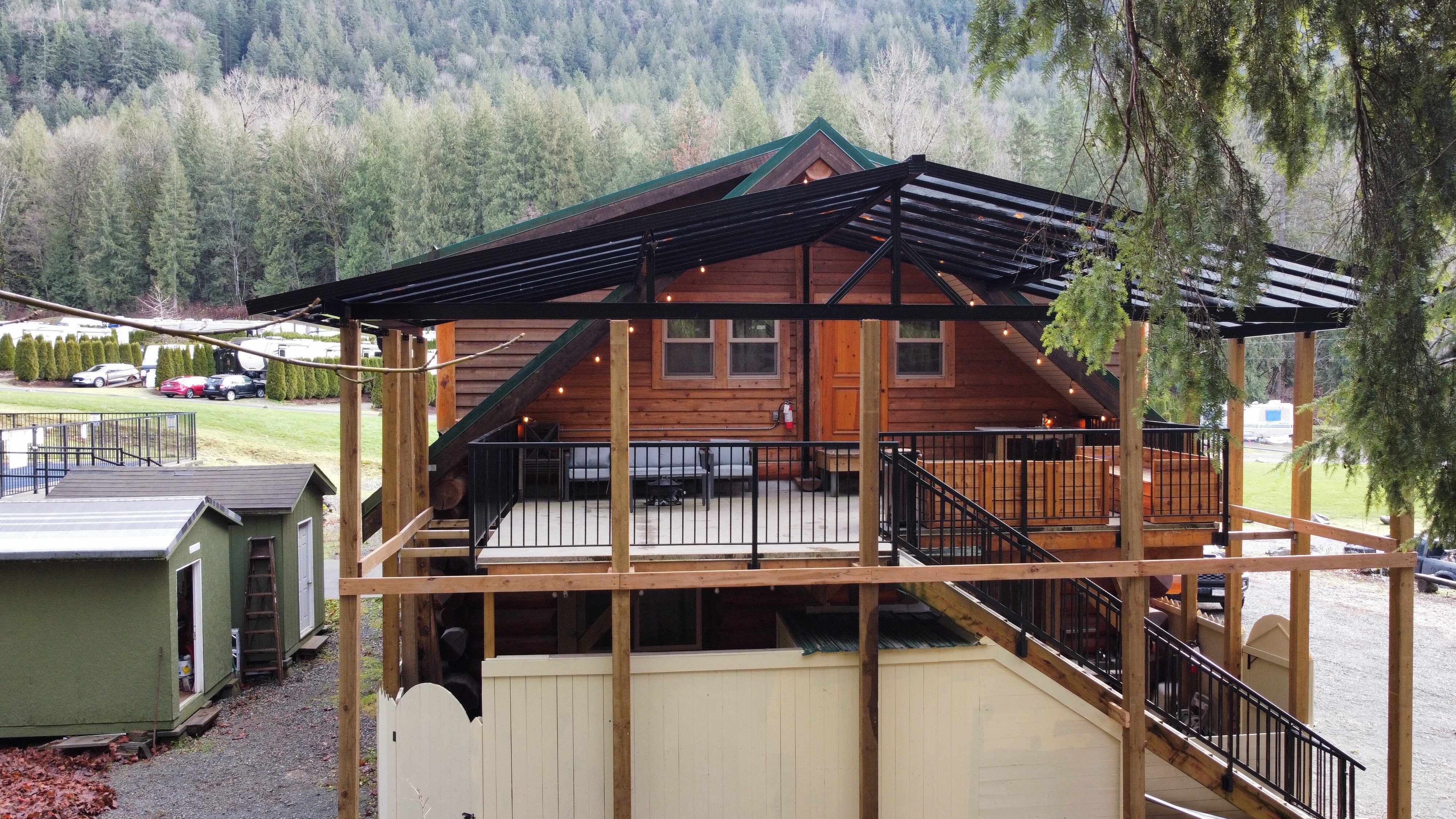 The lodge's deck and patio looking out over the grounds